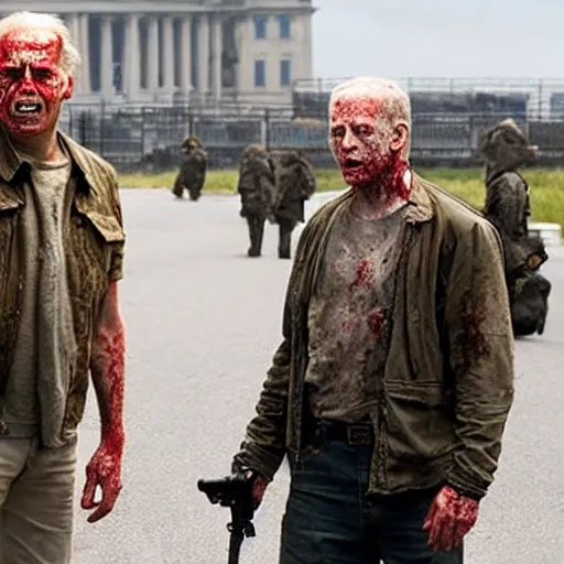 Image similar to a still shot from the movie 28 days later, with infected Joe Biden and Ethan Van Sciver zombies