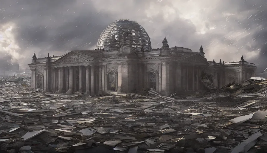 Image similar to reichstag building hit by a tsunami, hyperdetailed, artstation, cgsociety, 8 k