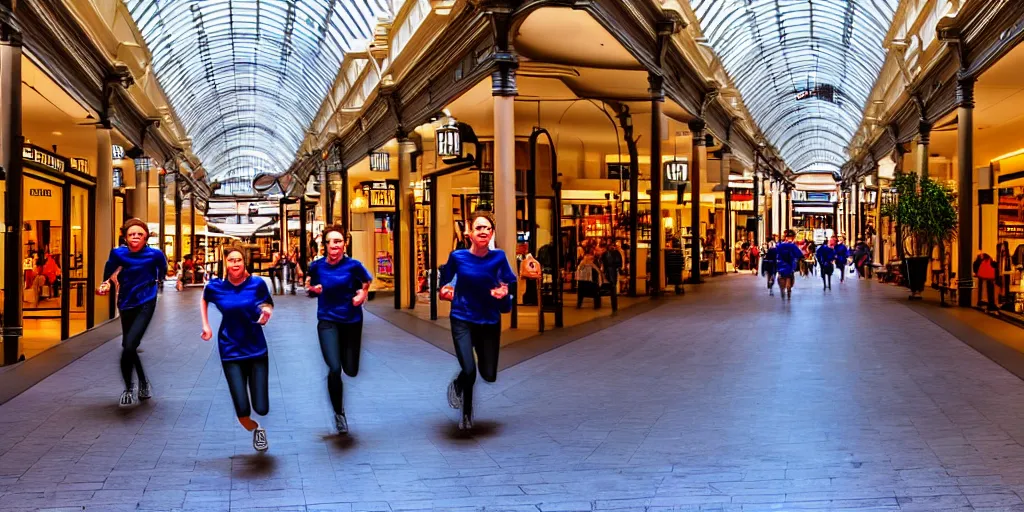 Prompt: A photo of robots running through Adelaide Arcade in Adelaide, Australia, High detail, realistic photo