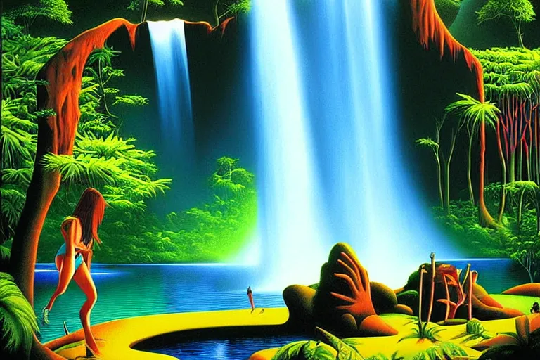 Prompt: surreal glimpse into other universe, waterfall, summer morning, very coherent and colorful high contrast, art by greg hildebrandt, dark shadows, hard lighting