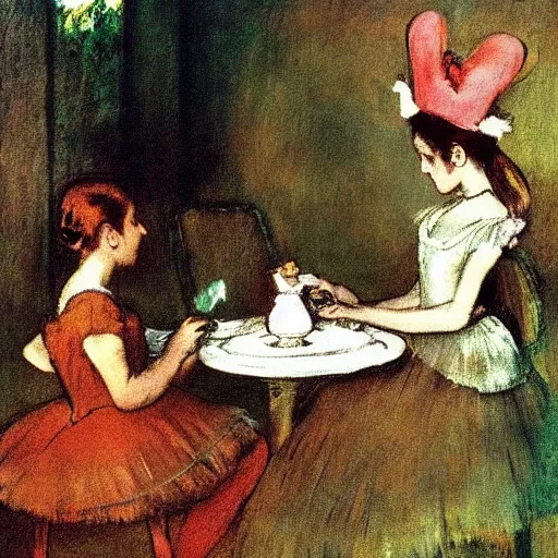 Prompt: “Alice at a tea party by Edgar Degas, Alice in Wonderland, realism”