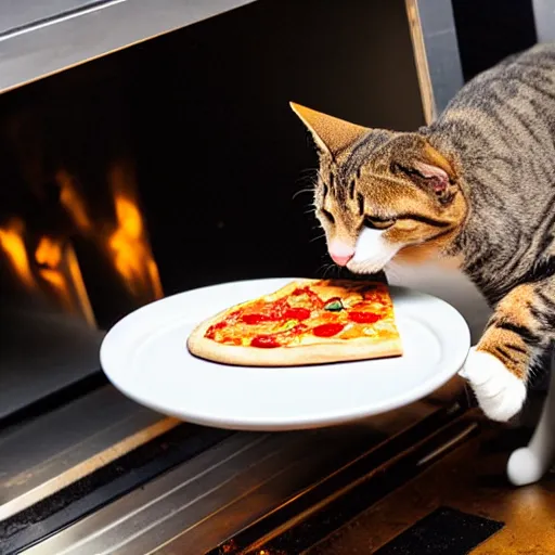Image similar to studio photograph, a cat taking a pizza out of an oven