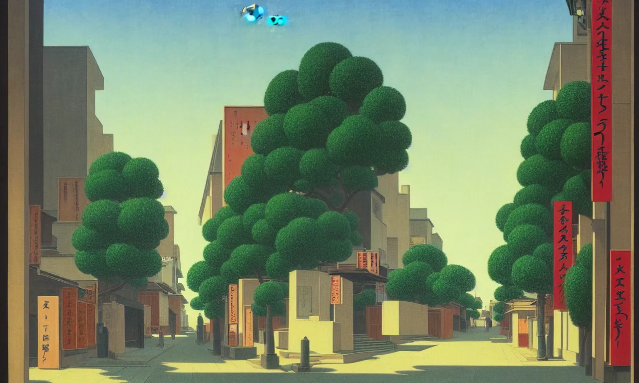 Prompt: an achingly beautiful print of a quiet street in Tokyo Japan with temples and plants, by Raphael, Hopper, and Rene Magritte. detailed, romantic, enchanting, trending on artstation.