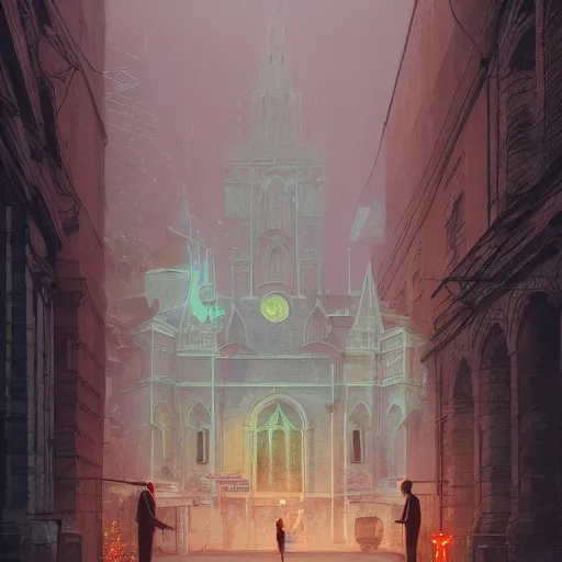 Image similar to movie scene of a church, lviv, a very misty day, a neon sign, by ian mcque ferdinand knab, makoto shinkai and lois van baarle, artgerm, pixar, ilya kuvshinov,, tom bagshaw, global illumination