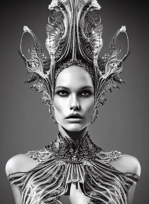 Prompt: portrait of beautiful female super model, perfect symmetrical pose, sharp, by irakli nadar with intricate detailed wearing silver victorian dress designed by alexander mcqueen and rocky gathercole, beautiful smooth skin tone, haunting, elite, elegant, ruan jia, dark, hyper detailed, concept art, intricate, detailed