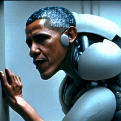 Image similar to film still of Barack Obama being held against a wall by a predator in the movie Alien.