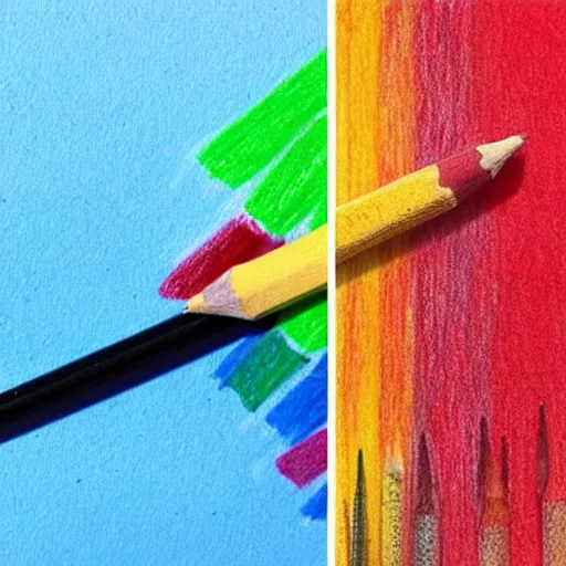 Prompt: crayon drawing of a pencil next to a pencil drawing of a crayon