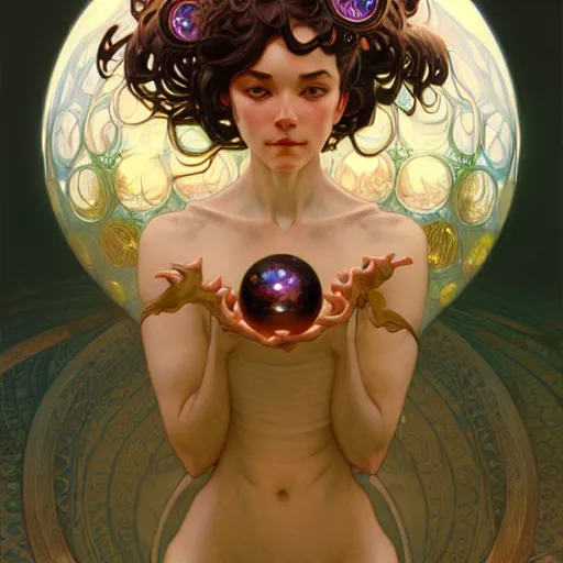 Image similar to Portrait of a girl surrounded by floating orbs, face, fantasy, intricate, elegant, highly detailed, digital painting, artstation, concept art, smooth, sharp focus, illustration, art by Hajime Sorayama and Fernanda Suarez and Artem Demura and alphonse mucha