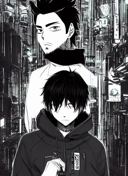 Image similar to manga cover, black-haired man wearing a black hoodie, stubble beard, thick eyebrows, short hair, intricate cyberpunk city, emotional lighting, character illustration by tatsuki fujimoto