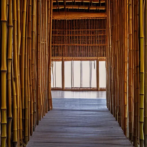 Image similar to interior of a bamboo palace, architectural photography