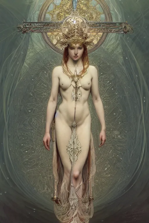 Image similar to a full body portrait of a beautiful ethereal delicate nordic mage queen meditative sacral pose catholic stages of the cross, intricate, elegant, highly detailed, digital painting, artstation, concept art, smooth, sharp focus, illustration, art by krenz cushart and artem demura and alphonse mucha