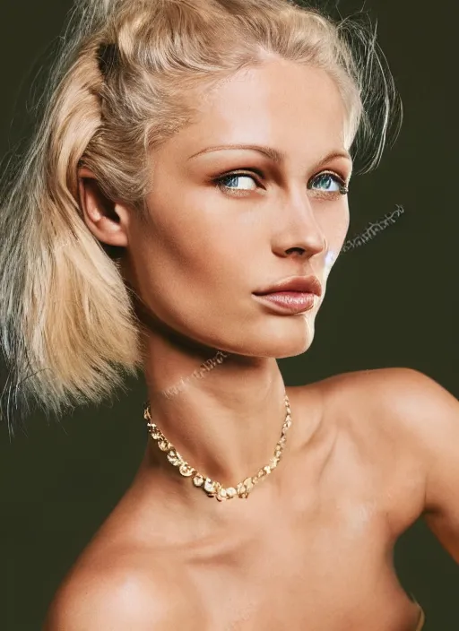 Image similar to vintage photograph of an olive skinned blonde female model in her early thirties, her hair pinned up, wearing a designer top, looking content, focused on her neck, facing the camera, photo realistic, extreme detail skin, natural beauty, no filter, slr, golden hour, 4 k, high definition, selfie