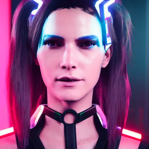 Image similar to female V from Cyberpunk 2077 wearing spiked choker, collar, choker, punk, collar, 4K, realistic, futuristic, neon,