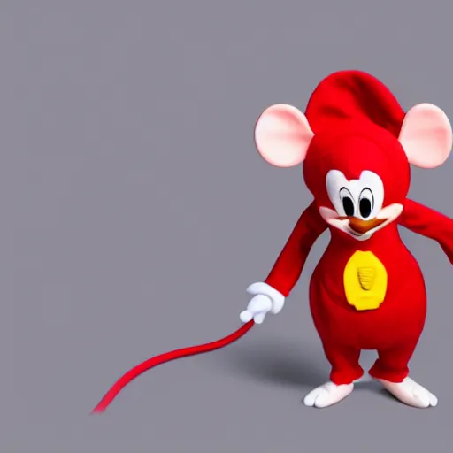 Prompt: a mouse with red pants and yellow shoes smiles, animated, disney