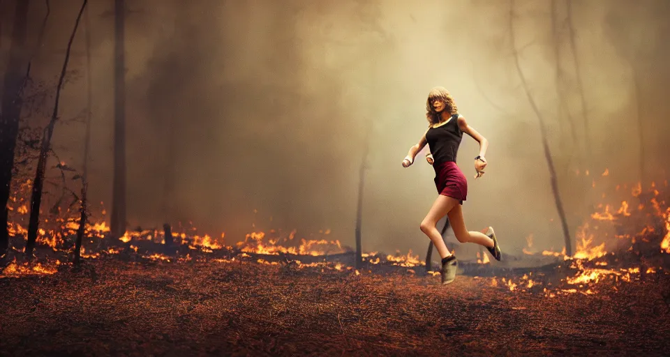 Prompt: taylor swift running away from a fire in a forest, film still, detailed face, found footage, motion blur, 4 k, trending on artstation, celebrities