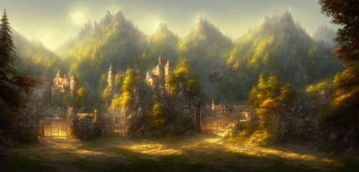 Prompt: digital painting of a small castle town closed off by large metal gate, border, behind a forest, large mountains in back, detailed, concept art, high detail, warm lighting, godrays, vivid, beautiful, trending on artstation, by Jordan grimmer, huge scene, grass, art greg rutkowski