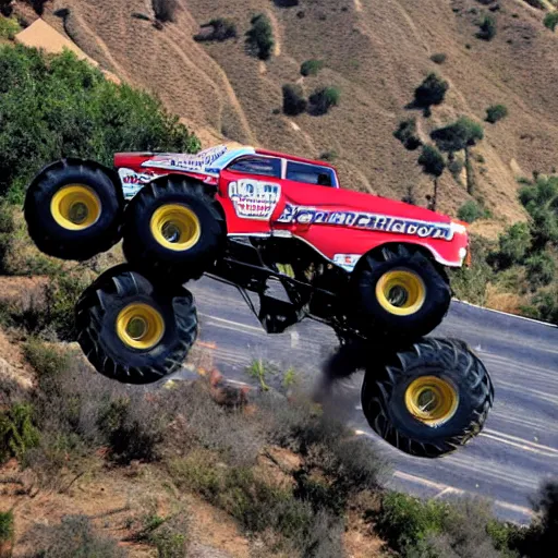 Prompt: a monster truck smashing through the Hollywood Sign