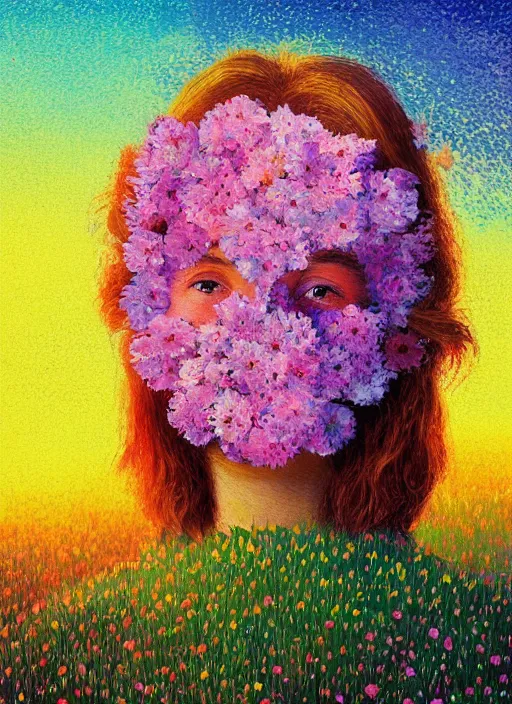 Prompt: girl with flower face, in a field with flowers, hills, big trees, sunrise dramatic light, impressionist painting, colorful clouds, digital painting, pointillism, artstation, simon stalenhag, flower head