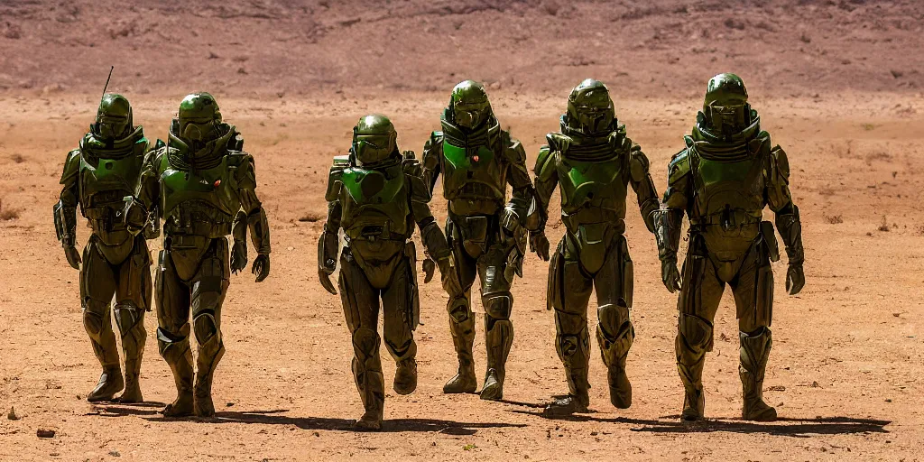 Image similar to a group of five soldiers in green sci fi armor on a rescue mission like the film stargate walk through a sandy desert with distant red mesas. ahead of them is an alien temple. dust blows across the frame. 200mm lens, mid day, heat shimmering.