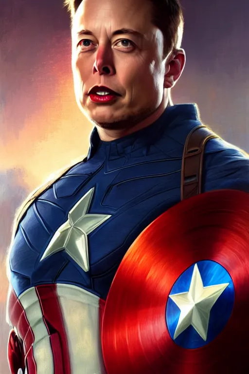 Image similar to elon musk as captain america, portrait, highly detailed, digital painting, artstation, concept art, smooth, sharp focus, illustration, cinematic lighting, art by artgerm and greg rutkowski and alphonse mucha