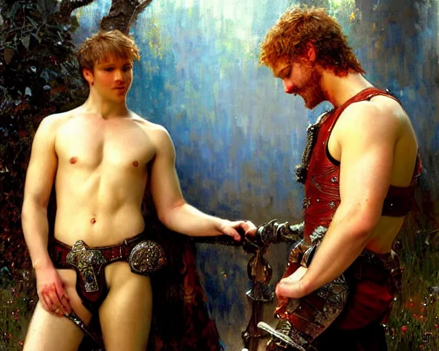 Prompt: arthur pendragon shirtless but wearing pants flirting wit his knight. the knight is also flirting back, the knight is also wearing pants highly detailed painting by gaston bussiere, craig mullins, j. c. leyendecker