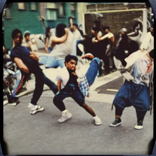 Prompt: Polaroid SX70 photo of breakdancers battling in the bronx in 1984, 35mm lens