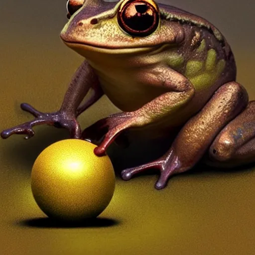 Image similar to ground level wide angle shot of a cute frog bowling with a golden metal ball, concept art, by esao andrews, by m. w. kaluta, by pixar, volumetric light, rich colors, very humorous!!!, realistic reflections, smooth, depth perception, shallow depth of field, 4 k, unreal engine 5, artstation