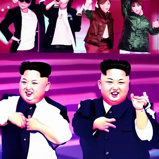 Image similar to kim jong un as k - pop idol dancing on the south korean k - pop stage, cnn, news photography, artstation