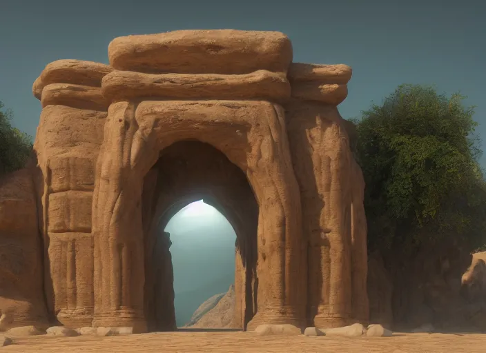 Image similar to A beautiful matte painting of a figure standing infront of a huge sandstone gate, sandstone pillars surrounding the gate, sand in the air, birds in the backgrounds, volumetric lighting, hyper-realistic, Unreal Engine, Vray, 4k, detailed, digital art, trending on Artstation