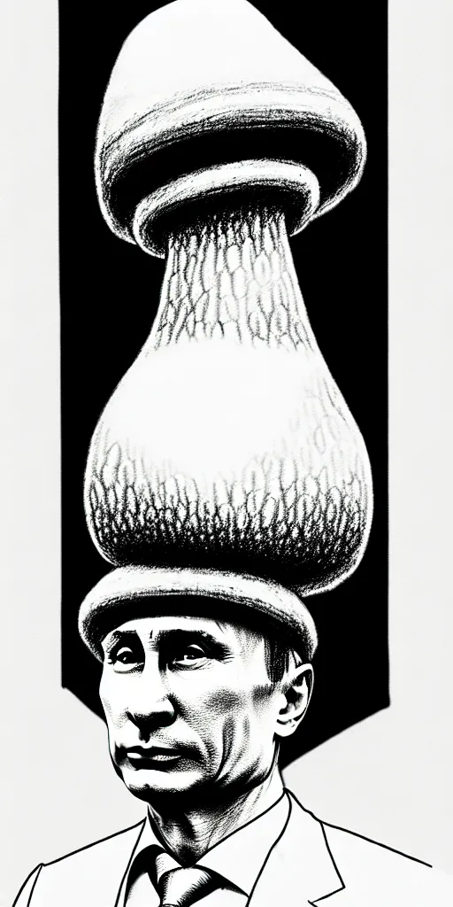 Image similar to vladimir putin with a nuclear mushroom cloud hat, cartoonish, ultra detailed pencil drawing