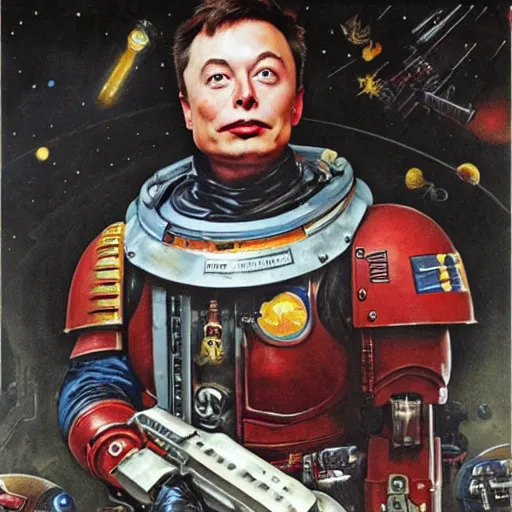 Prompt: elon musk as a warhammer 4 0 k space marine, by norman rockwell,