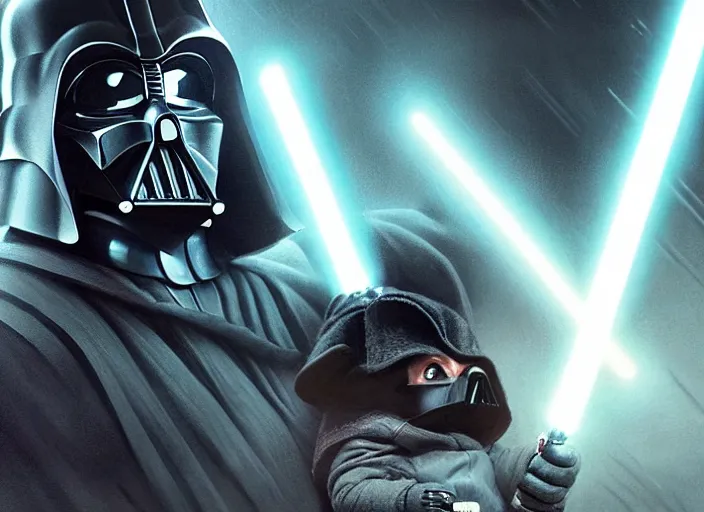 Image similar to a dramatic highly detailed render of darth vader with lightsaber drawn facing off against a cute baby corgi, futuristic star wars vibe, by WLOP and Artgerm and Greg Rutkowski and Alphonse Mucha, Beautiful dynamic dramatic dark moody lighting, shadows, cinematic atmosphere, Artstation, concept design art, Octane render, 8K, masterpiece, sharp focus, hyperrealistic