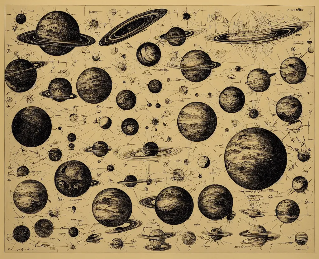 Prompt: sun and planets lithograph by adolphe millot