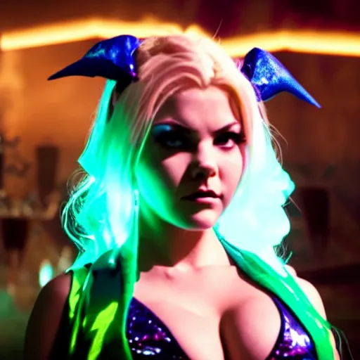 Image similar to cinematic scene with elisha cuthbert as jolyne from jojo's bizarre adventure, live action film, stone ocean, dramatic, small details, volumetric lighting, still frame