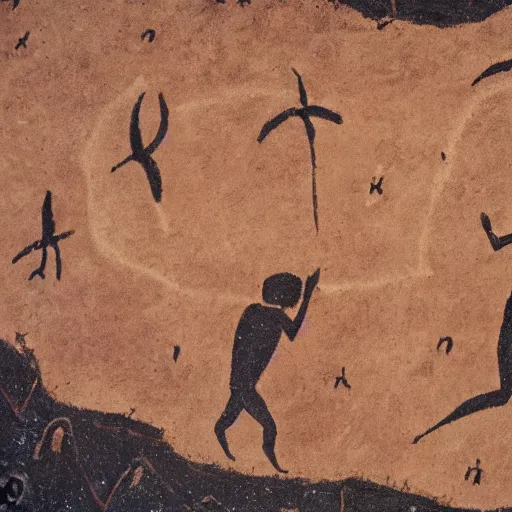 Prompt: cave painting of primitive people landing the first man on the moon