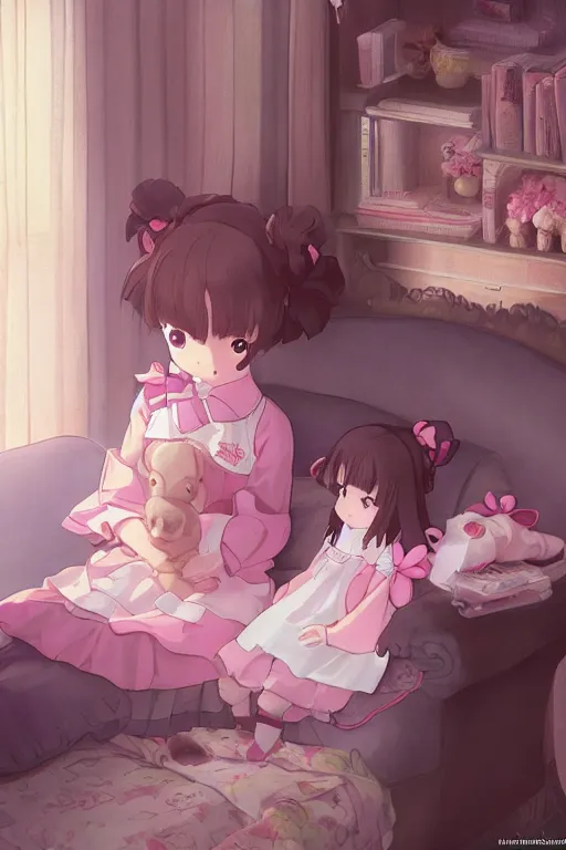 Image similar to a little girl in a maid outfit with dark brown hair in her pink bedroom on a princess sofa with stuffed animals programming on a laptop with a black screen, detailed eyes, 4 k resolution by krenz cushart and akihito yoshida and makoto shinkai