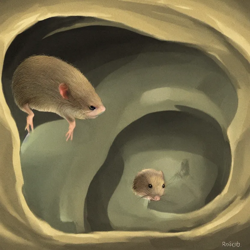 Image similar to a shrew in a little tunnel. pulp sci - fi art. soft lighting. muted colors. dark background