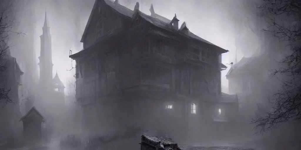 Image similar to fantasy depiction of the realm of shadows shrouded by mist trails leading to a red door, low saturation, high contrast, mostly greyscale, eerie disturbing lighting, in the style of marcin rubinkowski, greg rutkowski, lorenzo lanfranconi, oleg zherebin, trending on artstation