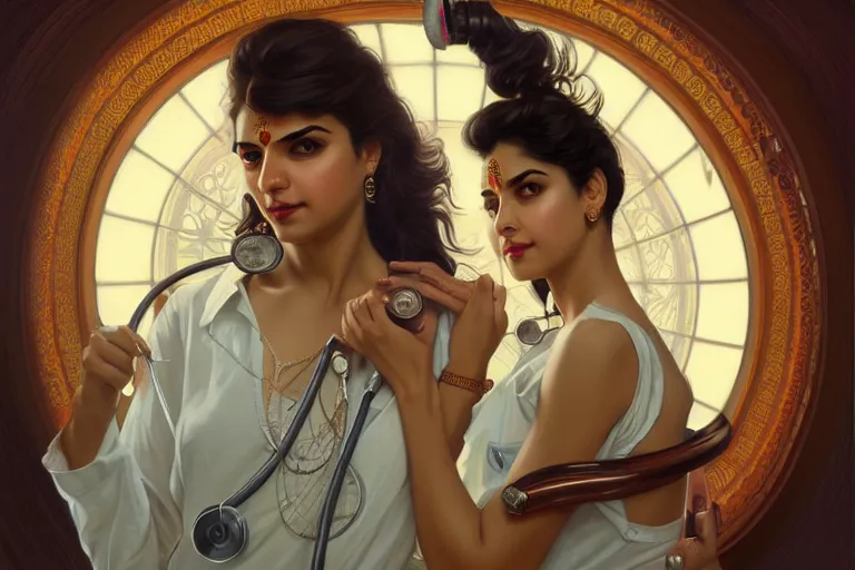 Image similar to sensual pale beautiful indian doctor in jeans with stethoscope, art deco portrait, elegant, intricate, digital painting, artstation, concept art, smooth, sharp focus, illustration, art by artgerm and greg rutkowski and alphonse mucha