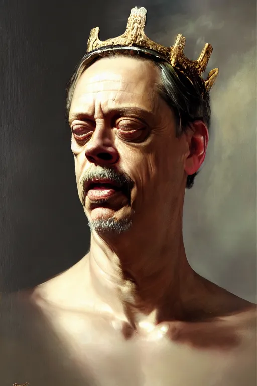 Image similar to beautiful oil painting portrait of ancient roman god emperor steve buscemi wearing the civic crown levitating and ascending religious pose, ascension, art by anders zorn, wonderful masterpiece by greg rutkowski, expressive brush strokes, beautiful cinematic light, american romanticism by greg manchess, jessica rossier