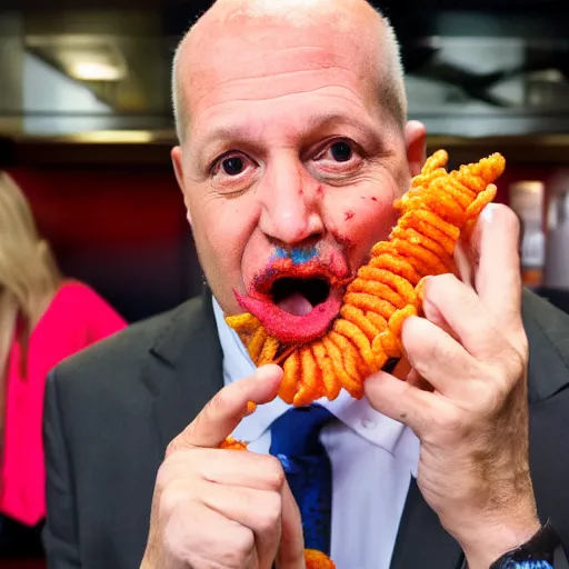 Image similar to Jim Cramer, red faced, eating a hot Cheeto