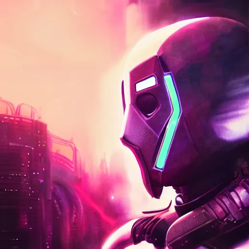 Image similar to cyberpunk concept cool deadpool warrior bot, cinema 4 d, galaxy, ufo, space sci - fi, wearing vr goggles, illustration, portrait, pastel neon textured background night, trending on artstation, greg rutkowski, octane rendered, 1 2 k, detailed,