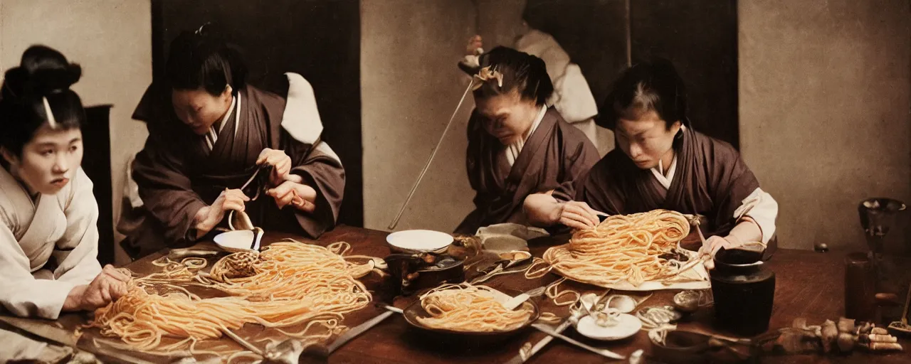 Image similar to 1 8 0 0 s japanese samurai slicing spaghetti!, in the style of diane arbus, canon 5 0 mm, wes anderson, kodachrome, retro