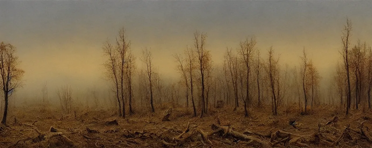 Image similar to fall dead trees pumpkin patch spooky fog shrouded landscape, forest, river, matte painting, by Isaac Levitan and Vasily Perov