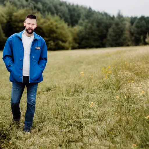 Image similar to steven bonnell ii in a blue jacket walking in a field, 2 0 mm sigma lens, sony a 7 siii