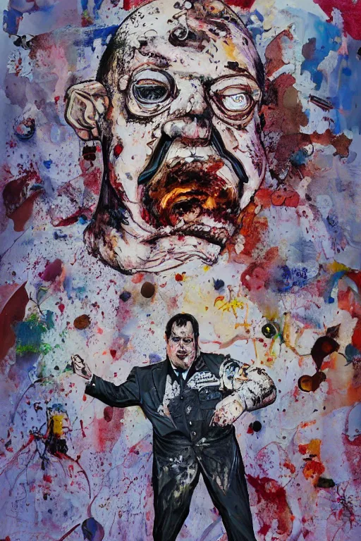 Prompt: paul blart full body shot, hyper - realistic oil painting, body horror, biopunk, by ralph steadman, francis bacon, hunter s thompson