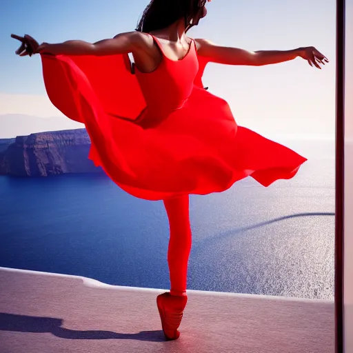 Image similar to beautiful contemporary dancer wearing a red, yellow, blue swirling dress, standing on a Santorini terrace looking down into the ocean, trending on artstation, cinematic, photorealistic