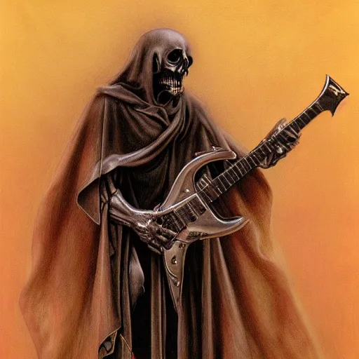 Prompt: the grim reaper playing in a heavy metal band, live on stage, photorealism, by Wayne Barlowe