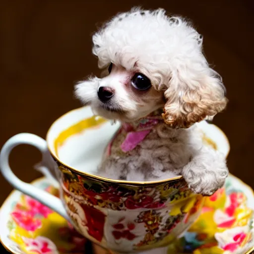 Prompt: teacup poodle in a teacup. Photography.