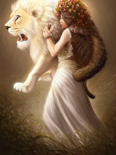 Prompt: a woman hugging a ferocious lion, wearing a cute white dress adorned with flowers. intricate, elegant, highly detailed, digital painting, artstation, concept art, sharp focus, illustration, by justin gerard and artgerm, 8 k